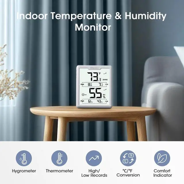 Alt view image 2 of 7 - Digital Hygrometer Room Thermometer Indoor, Humidity Meter with Large LCD Display, Temperature Humidity Monitor with Max Min Records, White