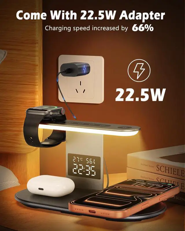 Alt view image 2 of 7 - Upgraded Wireless Charger, 5 in 1 Wireless Charging Station for iPhone with Clock, Night Light, Fast Charging Adapter, Lamp Charging Station for iPhone 17/16/15/14/13/12, iWatch 3-11/Ultra/SE, AirPods