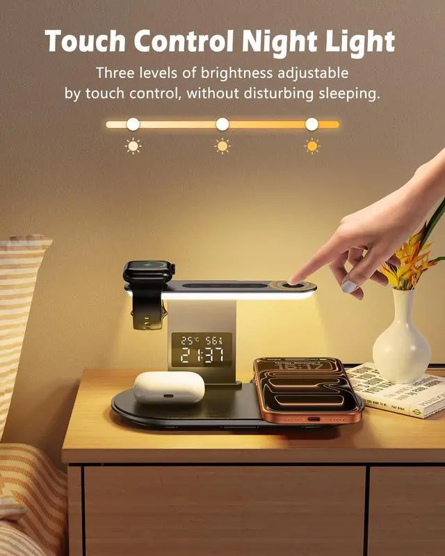 Alt view image 3 of 7 - Upgraded Wireless Charger, 5 in 1 Wireless Charging Station for iPhone with Clock, Night Light, Fast Charging Adapter, Lamp Charging Station for iPhone 17/16/15/14/13/12, iWatch 3-11/Ultra/SE, AirPods