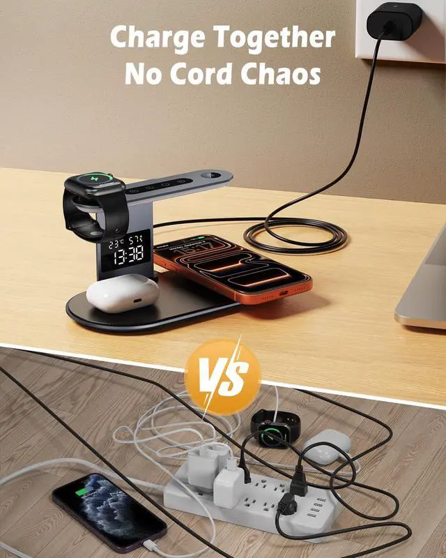 Alt view image 4 of 7 - Upgraded Wireless Charger, 5 in 1 Wireless Charging Station for iPhone with Clock, Night Light, Fast Charging Adapter, Lamp Charging Station for iPhone 17/16/15/14/13/12, iWatch 3-11/Ultra/SE, AirPods