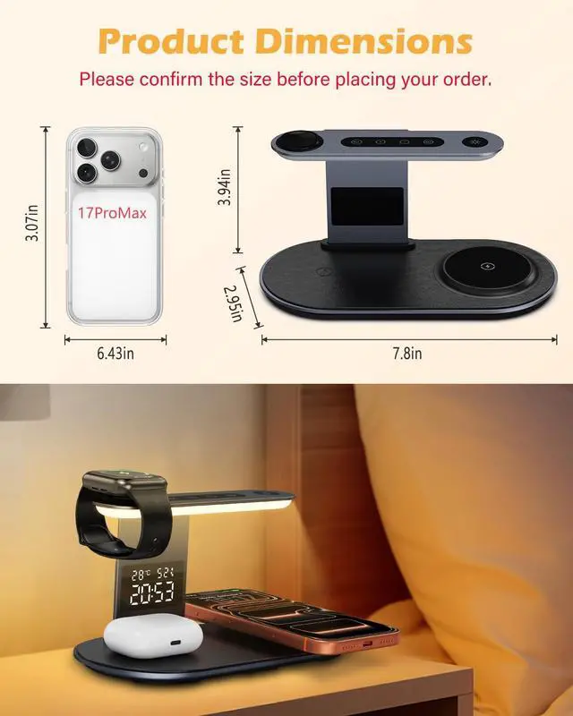 Alt view image 7 of 7 - Upgraded Wireless Charger, 5 in 1 Wireless Charging Station for iPhone with Clock, Night Light, Fast Charging Adapter, Lamp Charging Station for iPhone 17/16/15/14/13/12, iWatch 3-11/Ultra/SE, AirPods