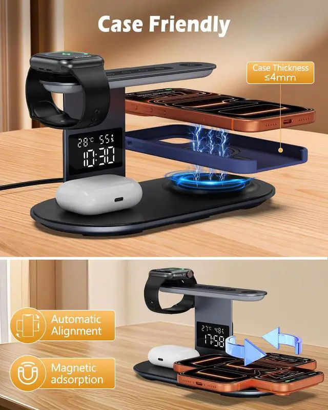 Alt view image 6 of 7 - Upgraded Wireless Charger, 5 in 1 Wireless Charging Station for iPhone with Clock, Night Light, Fast Charging Adapter, Lamp Charging Station for iPhone 17/16/15/14/13/12, iWatch 3-11/Ultra/SE, AirPods
