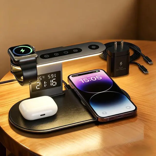 Main image of Upgraded Wireless Charger, 5 in 1 Wireless Charging Station for iPhone with Clock, Night Light, Fast Charging Adapter, Lamp Charging Station for iPhone 17/16/15/14/13/12, iWatch 3-11/Ultra/SE, AirPods