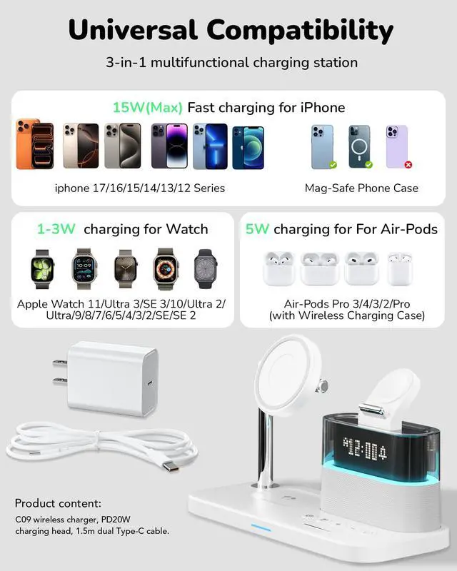 Alt view image 4 of 7 - 5 in 1 Wireless Charging Station for Apple,Magnetic Charger with Alarm Clock Night Light for Multiple Devices,Nightstand Charging Station Compatible with iPhone 17/16/15/14/13/12,Apple Watch,Air-Pods