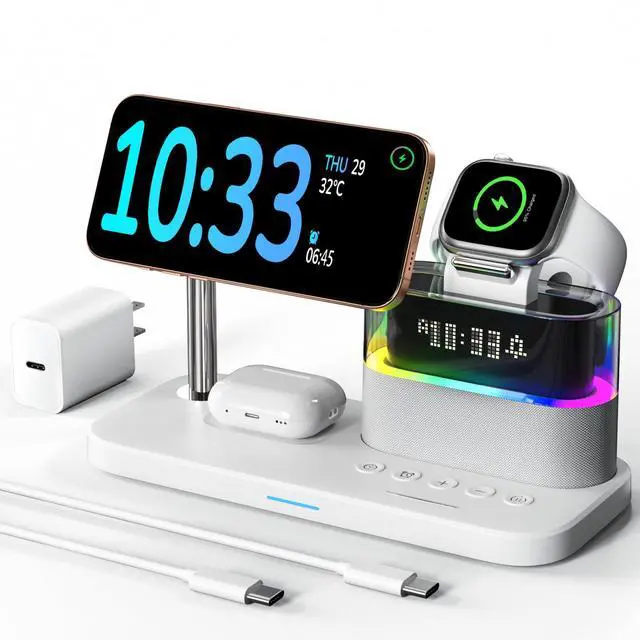 Main image of 5 in 1 Wireless Charging Station for Apple,Magnetic Charger with Alarm Clock Night Light for Multiple Devices,Nightstand Charging Station Compatible with iPhone 17/16/15/14/13/12,Apple Watch,Air-Pods