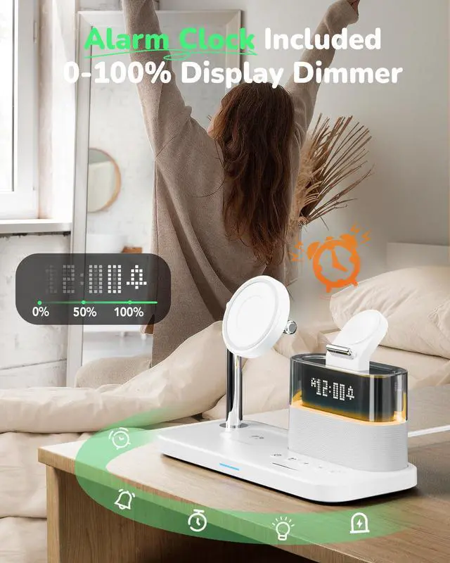 Alt view image 3 of 7 - 5 in 1 Wireless Charging Station for Apple,Magnetic Charger with Alarm Clock Night Light for Multiple Devices,Nightstand Charging Station Compatible with iPhone 17/16/15/14/13/12,Apple Watch,Air-Pods