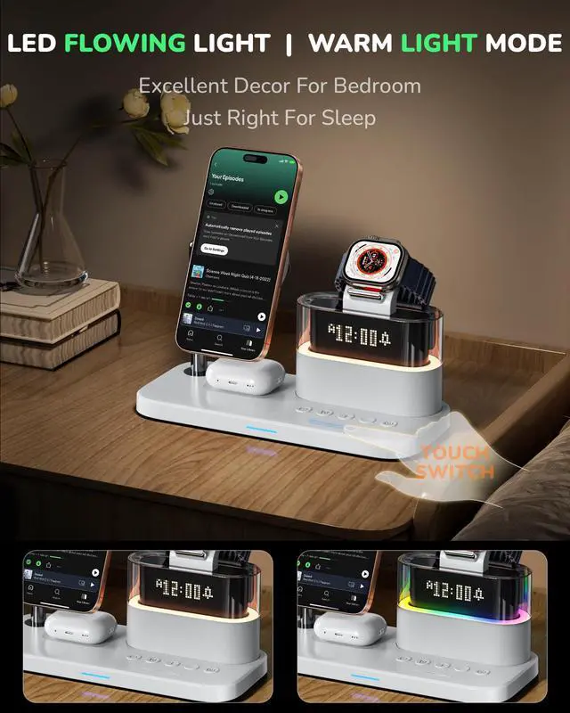 Alt view image 2 of 7 - 5 in 1 Wireless Charging Station for Apple,Magnetic Charger with Alarm Clock Night Light for Multiple Devices,Nightstand Charging Station Compatible with iPhone 17/16/15/14/13/12,Apple Watch,Air-Pods