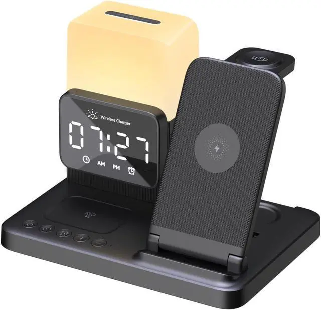 Main image of Nightstand Charging Station - Charging Station for Multiple Devices with Alarm Clock and Night Light, Wireless Fast Charger for iPhone, Android Phones, AirPods & Apple Watch (No Adapter)