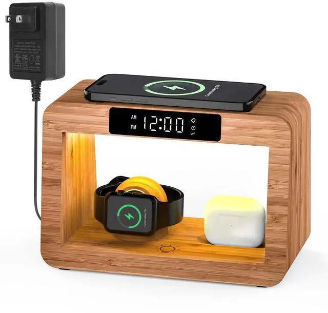 Main image of Bamboo Wireless Charging Station, Night Light with Digital Alarm Clock, Nightstand Charging Station for Apple Devices, Fast Wireless Charger for iPhone/Apple Watch/AirPods Pro