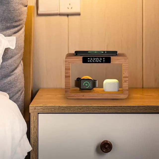 Alt view image 6 of 7 - Bamboo Wireless Charging Station, Night Light with Digital Alarm Clock, Nightstand Charging Station for Apple Devices, Fast Wireless Charger for iPhone/Apple Watch/AirPods Pro