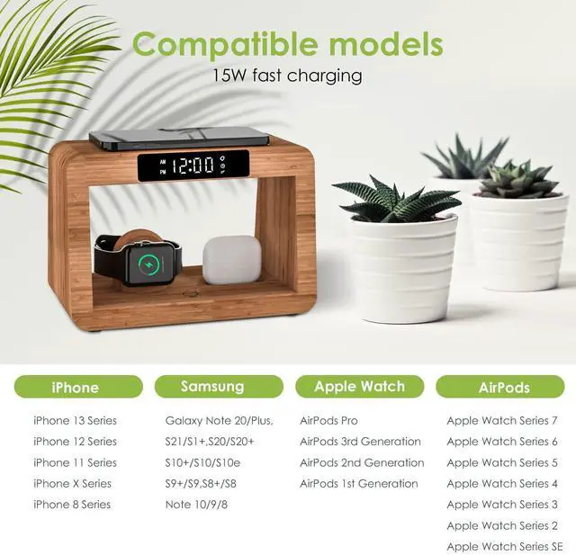 Alt view image 3 of 7 - Bamboo Wireless Charging Station, Night Light with Digital Alarm Clock, Nightstand Charging Station for Apple Devices, Fast Wireless Charger for iPhone/Apple Watch/AirPods Pro