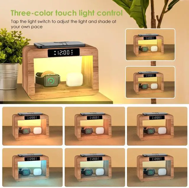 Alt view image 2 of 7 - Bamboo Wireless Charging Station, Night Light with Digital Alarm Clock, Nightstand Charging Station for Apple Devices, Fast Wireless Charger for iPhone/Apple Watch/AirPods Pro