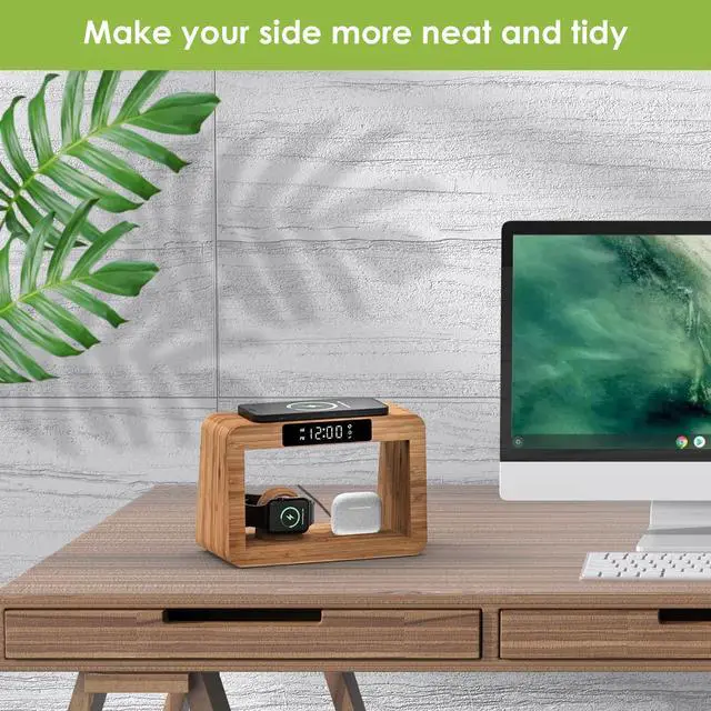 Alt view image 5 of 7 - Bamboo Wireless Charging Station, Night Light with Digital Alarm Clock, Nightstand Charging Station for Apple Devices, Fast Wireless Charger for iPhone/Apple Watch/AirPods Pro