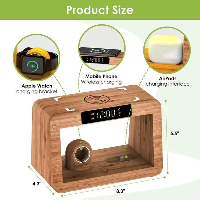 Alt view image 4 of 7 - Bamboo Wireless Charging Station, Night Light with Digital Alarm Clock, Nightstand Charging Station for Apple Devices, Fast Wireless Charger for iPhone/Apple Watch/AirPods Pro