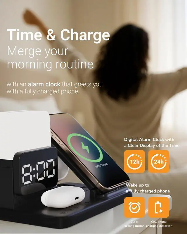 Alt view image 2 of 7 - Nightstand Charging Station - Charging Station for Multiple Devices with Alarm Clock and Night Light, Wireless Fast Charger for iPhone, Android Phones, AirPods & Apple Watch (No Adapter)