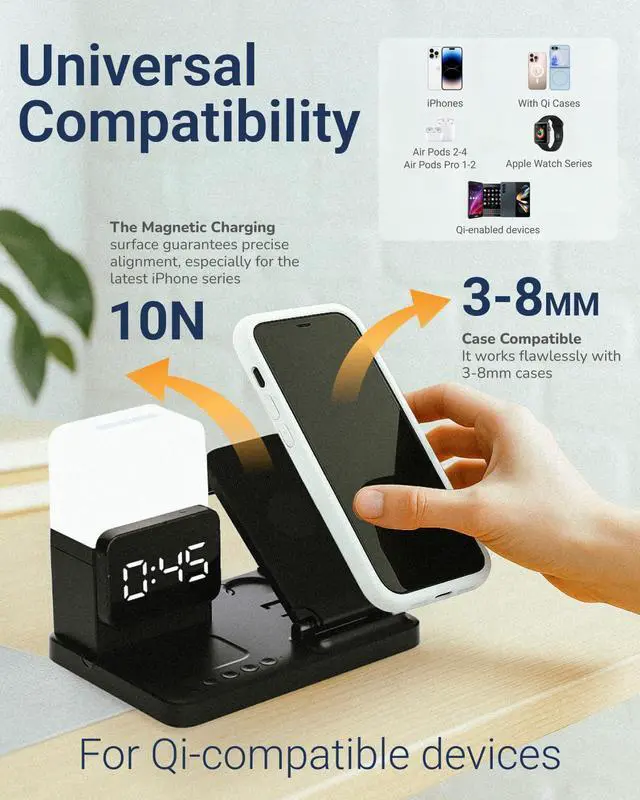 Alt view image 5 of 7 - Nightstand Charging Station - Charging Station for Multiple Devices with Alarm Clock and Night Light, Wireless Fast Charger for iPhone, Android Phones, AirPods & Apple Watch (No Adapter)
