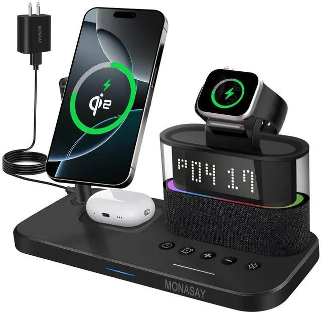 Main image of Qi2 5 in 1 Wireless Charging Station, 23W Wireless Charger with Alarm Clock for Multiple Devices, Magnetic Charger Stand for iPhone 16/15/14/13/12 Series and AirPods, Apple Watch Series, Black