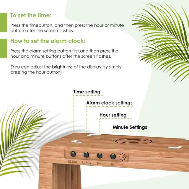 Alt view image 7 of 7 - Bamboo Wireless Charging Station, Night Light with Digital Alarm Clock, Nightstand Charging Station for Apple Devices, Fast Wireless Charger for iPhone/Apple Watch/AirPods Pro