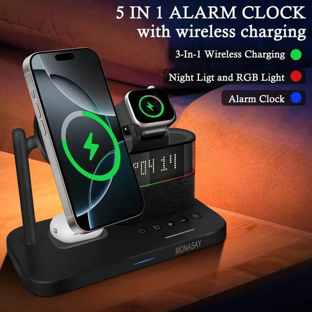 Alt view image 2 of 6 - Qi2 5 in 1 Wireless Charging Station, 23W Wireless Charger with Alarm Clock for Multiple Devices, Magnetic Charger Stand for iPhone 16/15/14/13/12 Series and AirPods, Apple Watch Series, Black