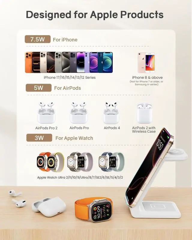 Alt view image 2 of 7 - Wireless Charging Station for Apple - 3 in 1 Wireless Charger Stand Dock Watch and Phone Charger Station for Apple Watch 11/8/7/SE/6/5/4/3/2, iPhone 17 Air 16-12 Pro Max SE XS X, Samsung, AirPods