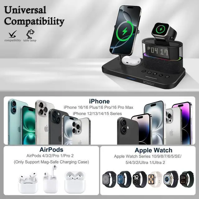 Alt view image 3 of 6 - Qi2 5 in 1 Wireless Charging Station, 23W Wireless Charger with Alarm Clock for Multiple Devices, Magnetic Charger Stand for iPhone 16/15/14/13/12 Series and AirPods, Apple Watch Series, Black