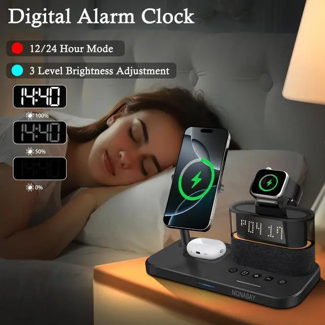 Alt view image 5 of 6 - Qi2 5 in 1 Wireless Charging Station, 23W Wireless Charger with Alarm Clock for Multiple Devices, Magnetic Charger Stand for iPhone 16/15/14/13/12 Series and AirPods, Apple Watch Series, Black