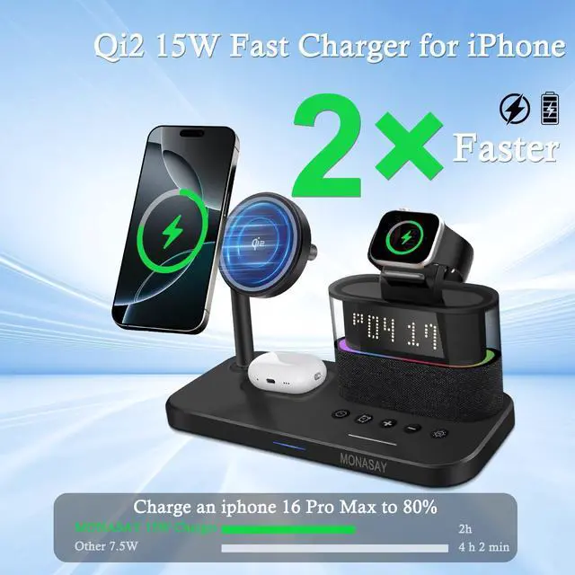 Alt view image 4 of 6 - Qi2 5 in 1 Wireless Charging Station, 23W Wireless Charger with Alarm Clock for Multiple Devices, Magnetic Charger Stand for iPhone 16/15/14/13/12 Series and AirPods, Apple Watch Series, Black