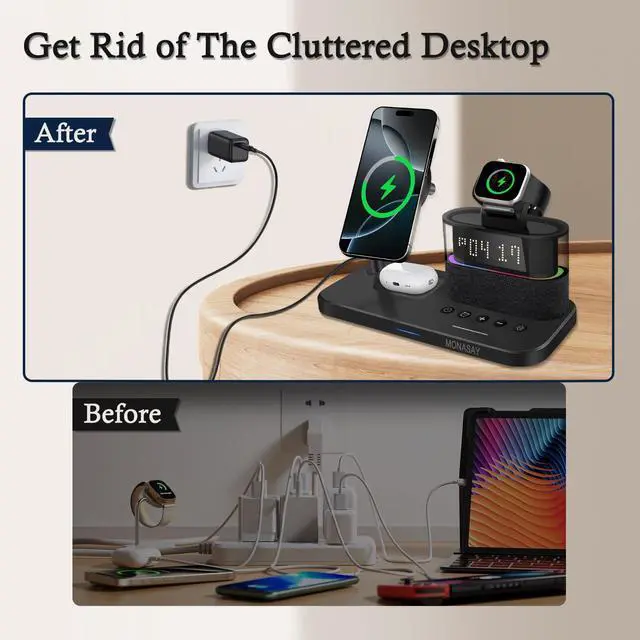 Alt view image 6 of 6 - Qi2 5 in 1 Wireless Charging Station, 23W Wireless Charger with Alarm Clock for Multiple Devices, Magnetic Charger Stand for iPhone 16/15/14/13/12 Series and AirPods, Apple Watch Series, Black