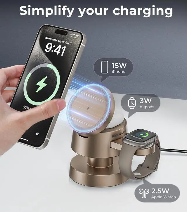 Alt view image 2 of 7 - 4-in-1 Magnetic Wireless Charging Station for iPhone 17/16/15/14 Pro Max, with Night Light Wireless Charging Station Fast Charging for Apple Watch, Earphones & Multiple Devices
