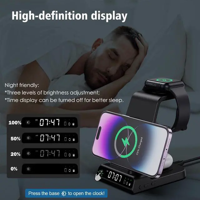 Alt view image 4 of 7 - Wireless Charging Station, 3 in 1 Watch Charger Stand with Digital Clock Suitable for iWatch SE/6/5/4/3/2/1,AirPods Pro, for iPhone 16/15/14/13/12/11 Pro Max/XS/XR/X/8/Samsung S23/S22/S21