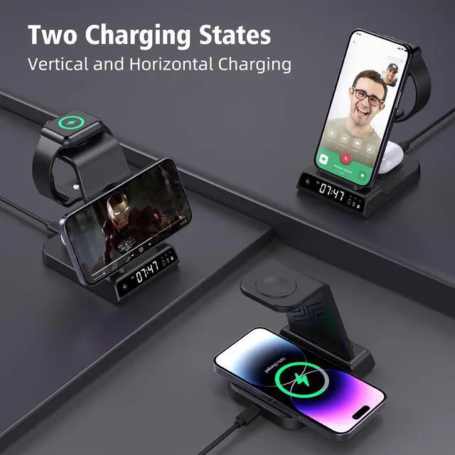 Alt view image 3 of 7 - Wireless Charging Station, 3 in 1 Watch Charger Stand with Digital Clock Suitable for iWatch SE/6/5/4/3/2/1,AirPods Pro, for iPhone 16/15/14/13/12/11 Pro Max/XS/XR/X/8/Samsung S23/S22/S21