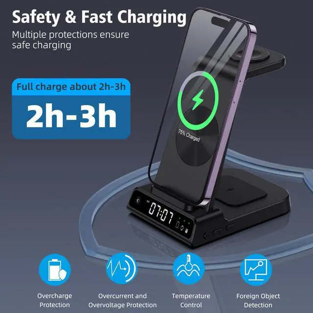 Alt view image 5 of 7 - Wireless Charging Station, 3 in 1 Watch Charger Stand with Digital Clock Suitable for iWatch SE/6/5/4/3/2/1,AirPods Pro, for iPhone 16/15/14/13/12/11 Pro Max/XS/XR/X/8/Samsung S23/S22/S21