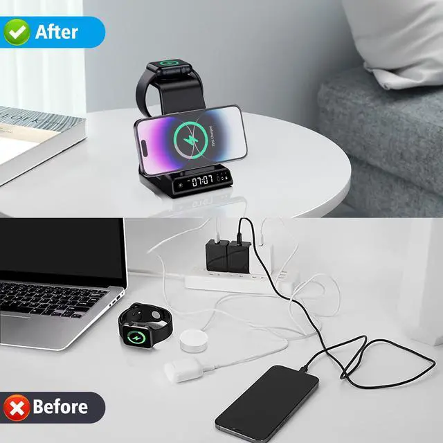 Alt view image 6 of 7 - Wireless Charging Station, 3 in 1 Watch Charger Stand with Digital Clock Suitable for iWatch SE/6/5/4/3/2/1,AirPods Pro, for iPhone 16/15/14/13/12/11 Pro Max/XS/XR/X/8/Samsung S23/S22/S21