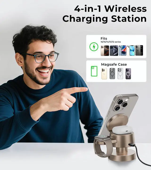 Alt view image 4 of 7 - 4-in-1 Magnetic Wireless Charging Station for iPhone 17/16/15/14 Pro Max, with Night Light Wireless Charging Station Fast Charging for Apple Watch, Earphones & Multiple Devices