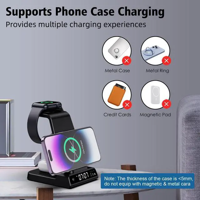 Alt view image 7 of 7 - Wireless Charging Station, 3 in 1 Watch Charger Stand with Digital Clock Suitable for iWatch SE/6/5/4/3/2/1,AirPods Pro, for iPhone 16/15/14/13/12/11 Pro Max/XS/XR/X/8/Samsung S23/S22/S21