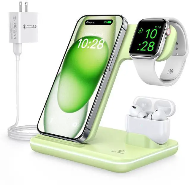 Main image of Wireless Charger 3 in 1, 15W Fast Charging Station for Apple Watch 9/8/Ultra 2/Ultra/SE/7/6/5/4/3/2, for AirPods 3/2/1/Pro/Pro 2, for iPhone 15/14/13 /Plus/Pro/Pro Max/12/11/X/Xr/XS/8 (Green)