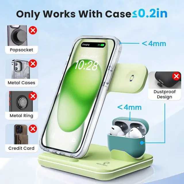 Alt view image 7 of 7 - Wireless Charger 3 in 1, 15W Fast Charging Station for Apple Watch 9/8/Ultra 2/Ultra/SE/7/6/5/4/3/2, for AirPods 3/2/1/Pro/Pro 2, for iPhone 15/14/13 /Plus/Pro/Pro Max/12/11/X/Xr/XS/8 (Green)