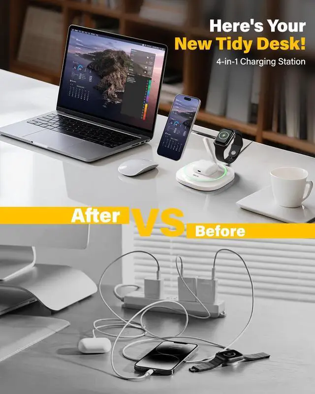 Alt view image 2 of 5 - 3 in 1 Magnetic Wireless Charger for Apple - Fast Charging Station Compatible with MagSafe for iPhone17-12, Apple Watch& AirPods, Phone and Watch Charger Stand for Desktop Bedside Nightstand (Ivory)