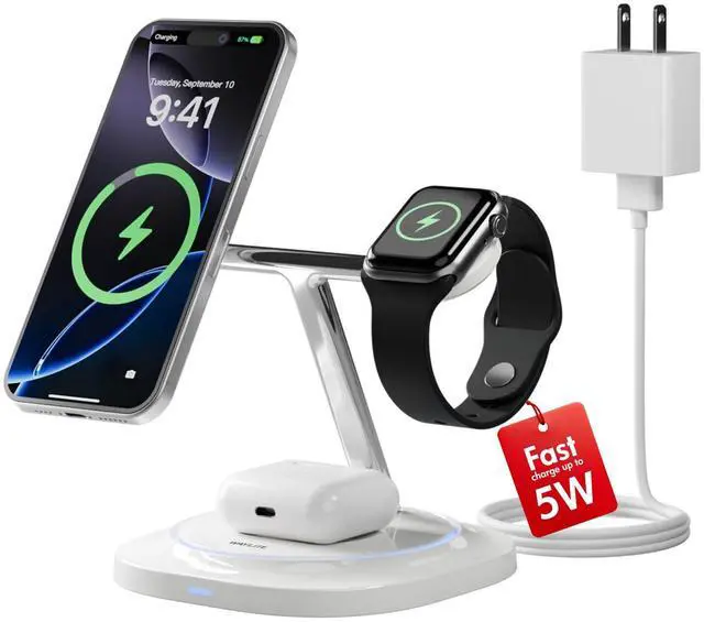 Main image of 3 in 1 Magnetic Wireless Charger for Apple - Fast Charging Station Compatible with MagSafe for iPhone17-12, Apple Watch& AirPods, Phone and Watch Charger Stand for Desktop Bedside Nightstand (Ivory)