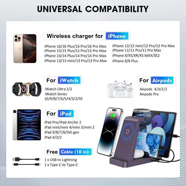 Alt view image 3 of 6 - Wireless Charger for iPhone - 5 in 1 Charging Station for Multiple Devices Apple: Fast Wireless Charging Stand Dock for iPhone 17 16e 16 15 14 13 12 Pro Max Apple Watch Airpods (Purple)