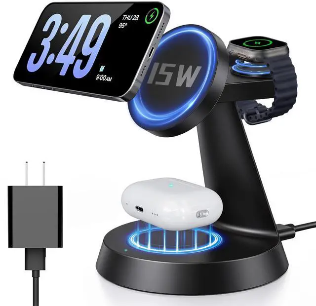 Main image of iPhone Charging Station 3 in 1 Wireless Charger for Apple Devices, 15W MagSafe Stand Compatible with iPhone 17 16 15 14 13 12 Pro Max Plus, Charging Dock for AirPods 4 3 2 & iWatch Series (Black)
