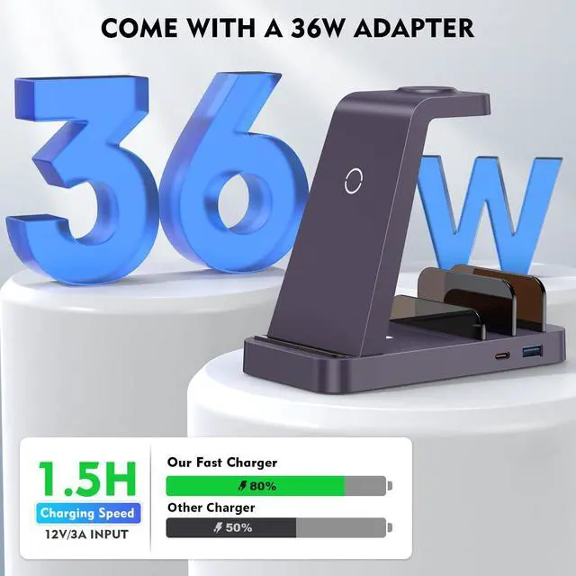 Alt view image 4 of 6 - Wireless Charger for iPhone - 5 in 1 Charging Station for Multiple Devices Apple: Fast Wireless Charging Stand Dock for iPhone 17 16e 16 15 14 13 12 Pro Max Apple Watch Airpods (Purple)
