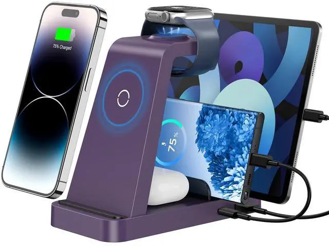 Main image of Wireless Charger for iPhone - 5 in 1 Charging Station for Multiple Devices Apple: Fast Wireless Charging Stand Dock for iPhone 17 16e 16 15 14 13 12 Pro Max Apple Watch Airpods (Purple)