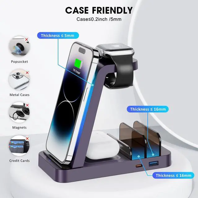 Alt view image 6 of 6 - Wireless Charger for iPhone - 5 in 1 Charging Station for Multiple Devices Apple: Fast Wireless Charging Stand Dock for iPhone 17 16e 16 15 14 13 12 Pro Max Apple Watch Airpods (Purple)