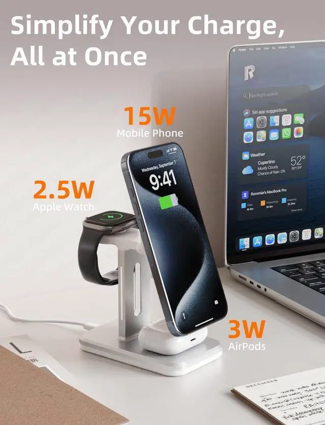 Alt view image 2 of 6 - 3 in 1 Charging Station Compatible with Magsafe Charger, Wireless Charger Stand for Multiple Apple Devices, Charging Station for iPhone 16/15/14/13/12 Series,Apple Watch Series 10-1,AirPods