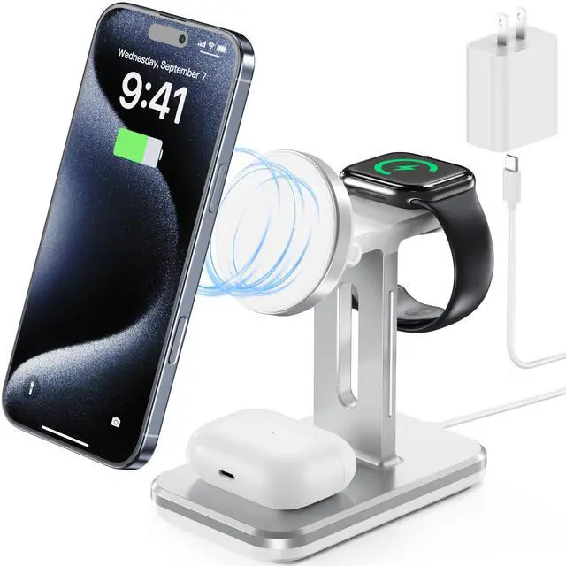 Main image of 3 in 1 Charging Station Compatible with Magsafe Charger, Wireless Charger Stand for Multiple Apple Devices, Charging Station for iPhone 16/15/14/13/12 Series,Apple Watch Series 10-1,AirPods