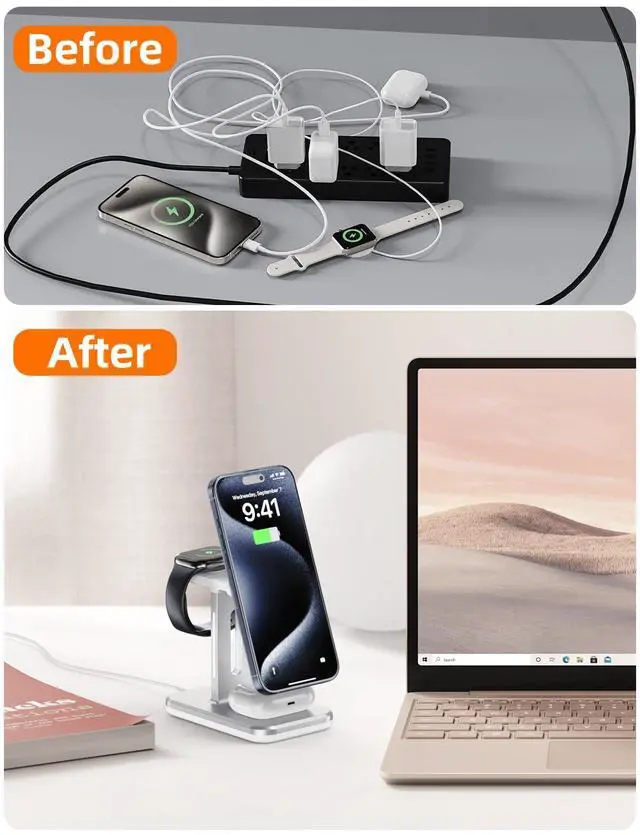 Alt view image 4 of 6 - 3 in 1 Charging Station Compatible with Magsafe Charger, Wireless Charger Stand for Multiple Apple Devices, Charging Station for iPhone 16/15/14/13/12 Series,Apple Watch Series 10-1,AirPods