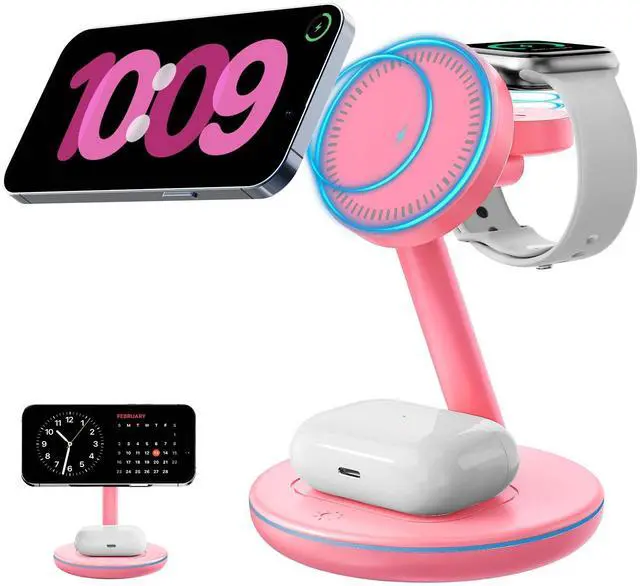 Main image of 2026 3 in 1 Charging Station for Apple iPhone AirPods Watch with Mag-Safe Charger Wireless Charger Stand for iPhone 17 16 15 14 13 12 Series AirPods iWatch Series - Gifts for Wife & Husband(Rose Red)