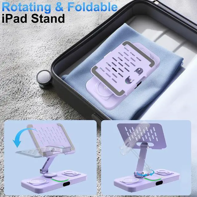 Alt view image 3 of 6 - 6 in 1 Wireless Charger for Apple Multiple Devices, Charging Station with Clock &7 Color Ambient Light, Foldable Rotate Stand for iPad, for iPhone17/16/15, Support for Apple Watch11/10 for AirPods4