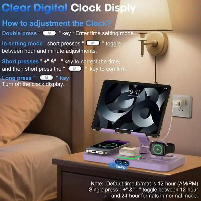 Alt view image 5 of 6 - 6 in 1 Wireless Charger for Apple Multiple Devices, Charging Station with Clock &7 Color Ambient Light, Foldable Rotate Stand for iPad, for iPhone17/16/15, Support for Apple Watch11/10 for AirPods4